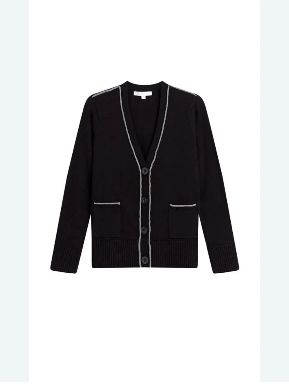 0156 woman’s Black V-Neck Button Cardigan with Contrast Trim